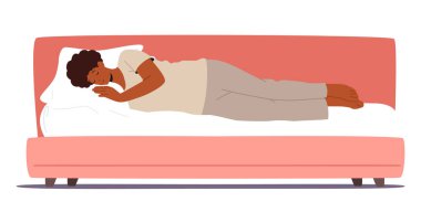 Gece Dinlenme ve Yatma Zamanı Konsepti. Pijamalı Siyah Kadın, Yastık Kenarı Manzaralı Yatakta Uyuyor. Evde Rahat Bir Duruşta Uyuyan Kız Beyaz Arkaplanda İzole Edildi. Çizgi film İnsanları Vektör İllüstrasyonu