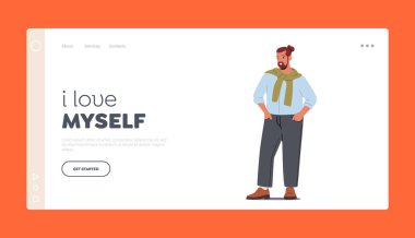 Vücut Pozitif İniş Şablonu. Vücudunu sev ve kabul et, kıvrımlı insanlar için moda kavramı. Moda Artı Boyutlu Adam Pockets, Erkek Karakteri. Çizgi film Vektör İllüstrasyonu