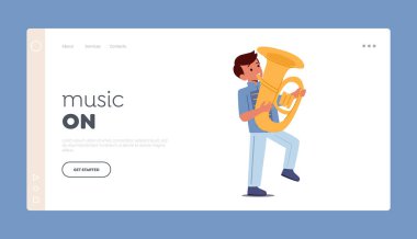 Music Landing Page Şablonu. Yürüyüş sırasında Mutlu Çocuk, Tuba 'yla Festival Müziği Çalıyor. Brass Wind Enstrüman Konseri Üniformalı Çocuk Karakteri. Çizgi film İnsanları Vektör İllüstrasyonu
