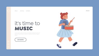 Okul Orkestrası İniş Şablonu. Zafer Yürüyüşü Kutlaması, Müzisyen Kız Karakteri Mart 'ta Davul Çalıyor. Müzikal Enstrüman Çalıyorum. Çizgi film İnsanları Vektör İllüstrasyonu