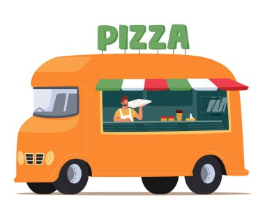 Pizza Minibüsü, Sokak Marketi, Mini Pizzacı, Mobil Otobüs Dükkanı, Yemek Kamyonu Marketi, Mutlu Satıcı Karakteri İnsanlara Hazır Pizza Satıcısı. Çizgi film Vektör İllüstrasyonu