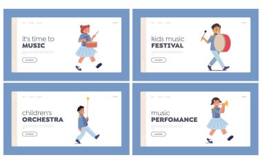 Mavi üniformalı çocuklar Parade Landing Page Şablonu 'na yürüyorlar. Mutlu Kızlar ve Oğlanlar, Trampet, Pirinç Borusu ve Tuba ile Müzik Festivali, Çocuklar Yürüyüşü. Çizgi film Vektör İnsanlar İllüstrasyonu