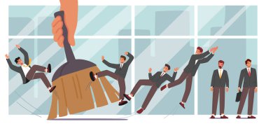 Aşağılayıcı, işten çıkarmalar konsepti. Büyük Patron El Fırçalama Ekibi. Personel Azaltma Metaforu, Personel Azaltma Karakterleri Kriz ya da Mali Kesinti nedeniyle işten çıkarma. Çizgi film Vektör İllüstrasyonu