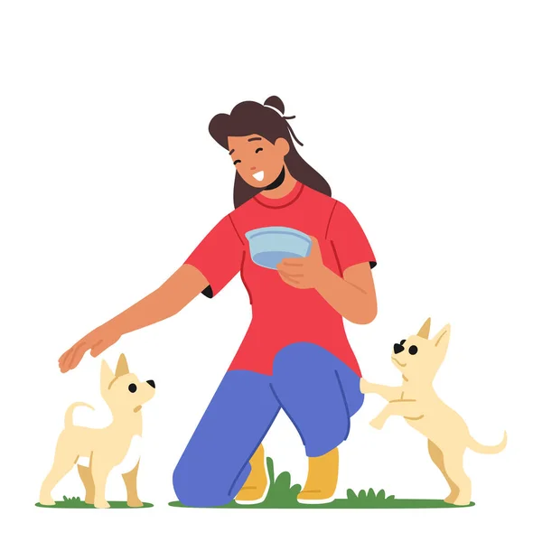 Happy Girl Holding Bowl Con Comida Para Mascotas Amistosa Hembra — Vector de stock