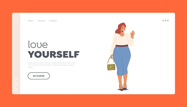 Love Yourself Landing Page Template Bodypositive Acceptance Concept Buclatý Žena — Stockový vektor
