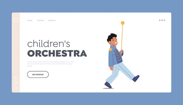 Children Orchestra Landing Page Template Little Boy Character Stick March — Stock Vector