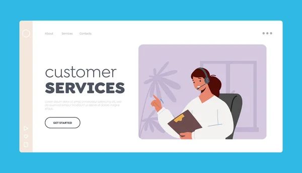 Klantenservice Landing Page Template Technical Operator Girl Headset Hotline Consultant — Stockvector