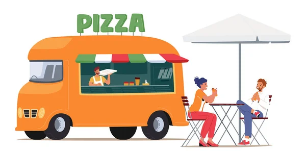 Street Food Konzept Junge Leute Genießen Pizza Sommercafé Freien Menschen — Stockvektor