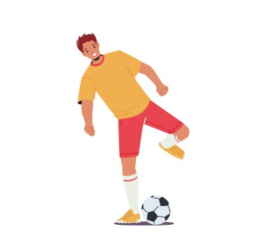 Futbolcu Beyazların Arkasında İzole Edildi. Karakter Üniforması Giyin Topa Hazırlan, Sporcu Antrenmanı, Futbol Maçı, Turnuva, Lig. Çizgi film İnsanları Vektör İllüstrasyonu
