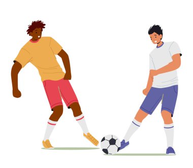 Spor Üniformalı birkaç genç adam futbol antrenmanı yapıyor. Futbolcular topa vurur, erkek karakterler yarışmaya, okul ligine ya da turnuvaya katılır. Çizgi film İnsanları Vektör İllüstrasyonu