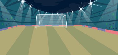 Futbol stadyumu, futbol sahasında Parlak Işıklar, Yeşil Çim, Kapı ve Tribunes Perspektif Manzarası. Aydınlatma ile Gece Spor Alanı, Rekabet Yeri, Oyun. Çizgi film Vektör İllüstrasyonu