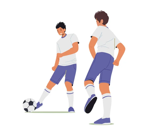 Jogadores Futebol Chutando Bola Casal Homens Jovens Esportes Uniforme Praticando — Vetor de Stock