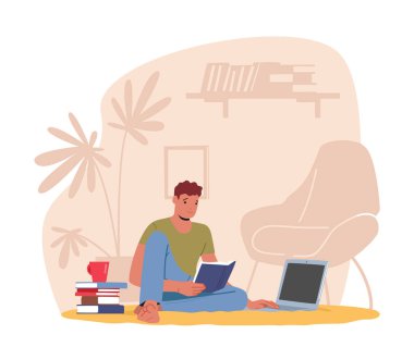 Uzaktan Serbest Çalışma, Ödev Mekanı Konsepti. Adam Freelancer, kahve kupası ve kitap yığınıyla yerde oturup laptopta çalışıyor ya da çalışıyor, evde karakter çalışıyor. Çizgi film Vektör İllüstrasyonu