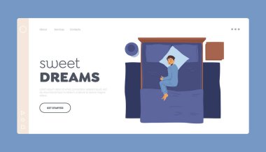 Tatlı Rüyalar İniş Sayfa Şablonu. Baby Boy Yatak Odasında Şekerleme. Rahat Uyku Yeri Üst Manzarası 'ndaki çocuk. Rahat Küçük Çocuk Yatakta Uyuyor, Gece Rahatlaması. Çizgi film İnsanları Vektör İllüstrasyonu
