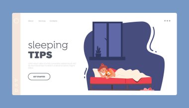 Uyku İpuçları İniş Sayfası Şablonu. Çocuk Gecesi Rahatlaması, Yatak Odasında Uyku. Yatakta uyuyan küçük kız oyuncaklara sarılıyor. Bebek Karakteri Rahat Poz Veriyor. Çizgi film İnsanları Vektör İllüstrasyonu