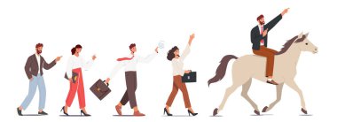 Başarılı Önder İş Adamı Ata Binen İş Arkadaşları Grubu. Patron Karakteri Doğru Yön Gösteriyor, Hedef Başarı, Liderlik, Kariyer Arzuları. Çizgi film İnsanları Vektör İllüstrasyonu