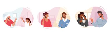 İnsanlar cep telefonuyla iletişim kuruyor. Büyükanne ve Küçük Torun, Yetişkin Çift ve Akıllı Telefonlardan Konuşan Genç Karakterler. Gençler, Erkekler ve Kadınlar Arayıp Sohbet Eder. Çizgi film Vektör İllüstrasyonu