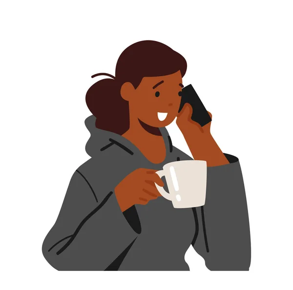 Giovane Donna Gioiosa Parlando Smartphone Con Amico Isolato Sfondo Bianco — Vettoriale Stock