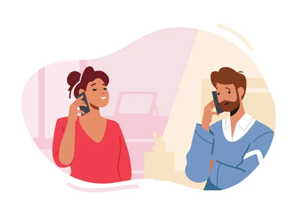 Personnages Masculin Féminin Avec Téléphones Smartphone Communication Concept Homme Femme — Image vectorielle