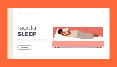 Düzenli Uyku İniş Sayfa Şablonu. Gece Dinlenme ve Yatma Zamanı. Pijamalı Siyah Kadın, Yastık Kenarı Manzaralı Yatakta Uyuyor. 