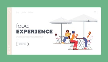 Gıda Deneyimi İniş Şablonu. Gençler Yazlık Kafe 'yi ziyaret ediyor. İnsanlar buluşuyor, sokak yemekleri yiyor. Masalarda oturan, konuşan, yemek yiyen karakterler. Çizgi film Vektör İllüstrasyonu