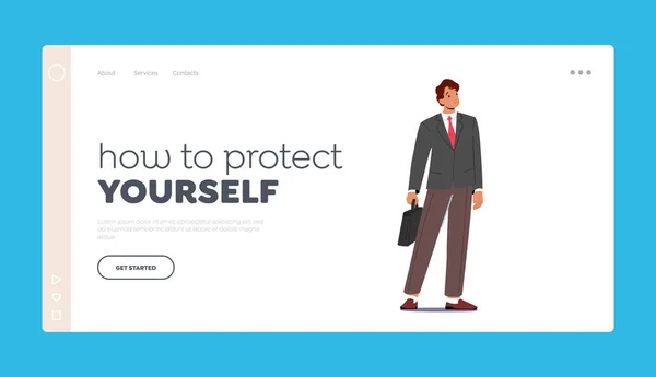 How Protect Yourself Landing Page Template Smiling Confident Businessman Male — Stock Vector