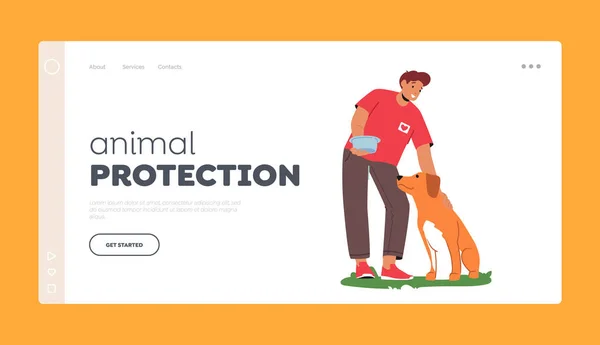 Πρότυπο Σελίδας Προστασίας Ζώων Φιλικός Εθελοντής Σκύλος Σίτισης Στην Οδό — Διανυσματικό Αρχείο
