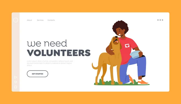 Modelo Página Desembarque Voluntário Amigável Fêmea Personagem Alimentando Cão Abrigo — Vetor de Stock