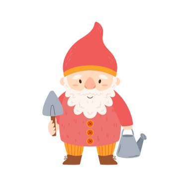 Bahçe Gnome 'u, su tenekesi ve kürekli beyaz arka planda izole edilmiş. Şirin Peri Masalı Karakteri. Bahçe Elf Tasarım Elemanı, Kırmızı Kostümlü ve Şapkalı Sakallı Adam. Çizgi film Vektör İllüstrasyonu