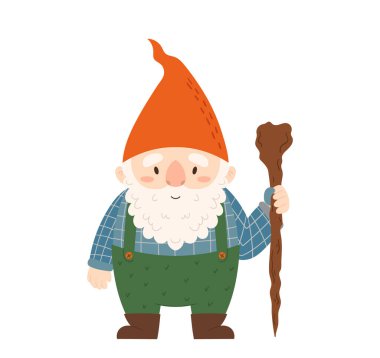Şirin Elf Masalı Karakteri, Meyve Bahçesi Peyzajı için Tasarım Elemanı. Komik Heykel, Dekor veya Kişilik, Bahçe Cücesi Ahşap Personeli Beyazlar Arkasında İzole Edilmiş. Çizgi film Vektör İllüstrasyonu