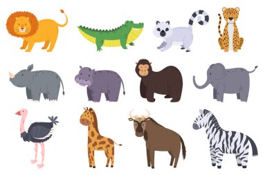 Afrika Safari Hayvanları Aslanı, Timsah, Lemur ve Çita seti. Gergedan, Hippo, Goril ve Fil. Devekuşu, Zürafa, Bufalo ve Zebra beyaz arka planda izole edildi. Çizgi film Vektör İllüstrasyonu