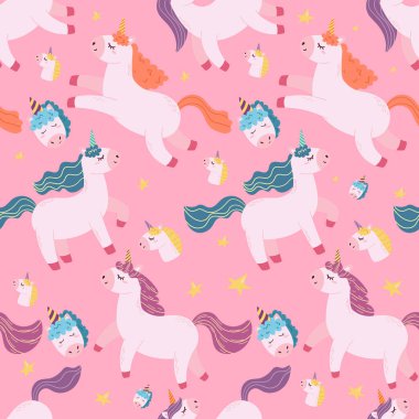 Sihirli Tekboynuzlu kusursuz desenler, Pembe Arkaplanda Şirin Çizgi Film Midillisi veya Boynuzlu At ve Renkli Yelesi. Kağıtlar, Tekstil, Bebek Kızlar için Duvar Kağıdı Tasarımı. Vektör İllüstrasyonu
