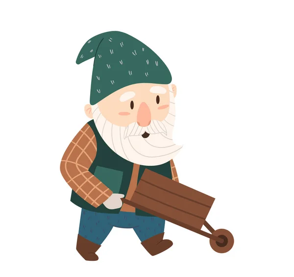 园中的小矮人 带木制滑轮 用于园艺白色背景的作品 可爱的精灵童话人物 设计元素 留着胡子的滑稽服装和帽子 卡通矢量图解 — 图库矢量图片
