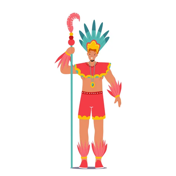 Hombre Vistiendo Traje Del Festival Con Plumas Que Sostiene Personal — Vector de stock