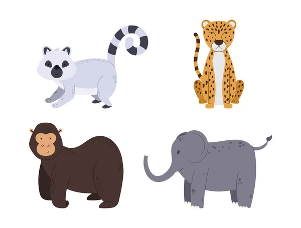 Set Safari Africano Animales Lemur Cheetah Gorilla Elefante Elementos Diseño — Vector de stock
