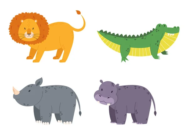 Set Animales Safari Africanos León Cocodrilo Rinoceronte Hipopótamo Aislado Sobre — Vector de stock