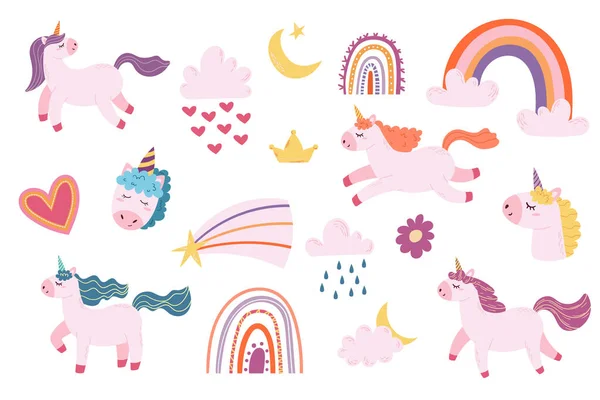 Set Magic Unicorn Rainbows Heart Star Crescent Clouds Comet Flower - Stok Vektor