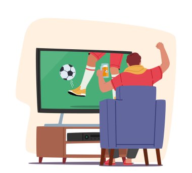 Football Fan Maçı 'nı Evdeki TV' de Koltuk Arkasında Oturarak İzliyor. Bira Kupalı Heyecanlı Adam Favori Takım Tezahüratçısı. Erkek Karakterler Futbol Desteği. Çizgi film İnsanları Vektör İllüstrasyonu