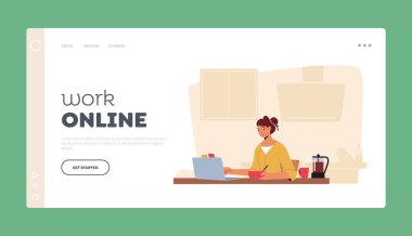 Serbest İş Online İniş Şablonu. Rahat Kadın Serbest Çalışan Bilgisayarda, Masasında Oturan Kahve fincanı ile Görevleri Düşünen. Dışarıdan çalışan çalışanlar. Çizgi film Vektör İllüstrasyonu
