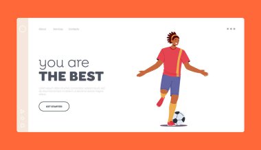 Spor Başarı İniş Şablonu. Mutlu Siyah Sporcu Futbolcu Kazandı, Zaferi ve Golü Kutla. Red Football Spor Giyim 'de Erkek Karakteri Topla Koşar. Çizgi film İnsanları Vektör İllüstrasyonu