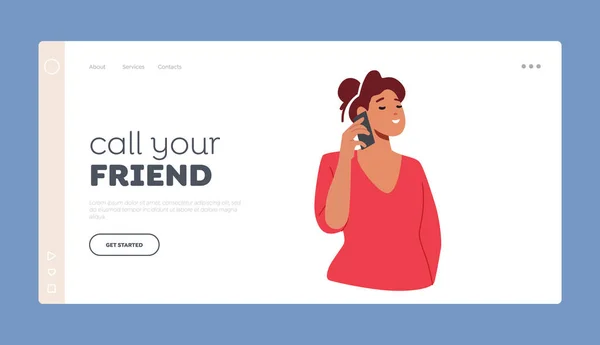 Joyful Girl Mobile Phone Chat Friends Landing Page Πρότυπο Νεαρή — Διανυσματικό Αρχείο