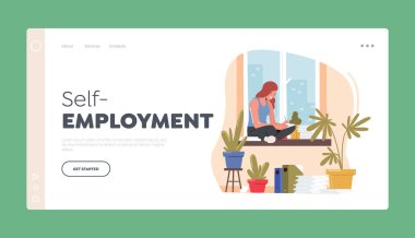 Serbest İşveren İniş Şablonu. Ev ödevi, ofis. Evde Evraklarla Pencere kenarında oturan Serbest Çalışan Karakter. Serbest Çalışan İşgali 'nden. Çizgi film Vektör İllüstrasyonu