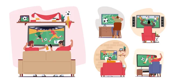 Set Football Fans Watching Match Home Στην Τηλεόραση Sitting Couch — Διανυσματικό Αρχείο