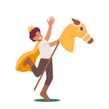 Tahta Çubuk At Kostümlü Prens 'in Çocuğu, Komik Karakter Tiyatro Gösterisi, Kral Takımını Giyen Çocuk ve Beyaz Arkaplanda İzole Edilmiş Pelerin. Çizgi film İnsanları Vektör İllüstrasyonu