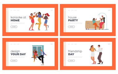 Ev Partisi Eğlence İniş Şablonu Ayarları. İnsanlar ya doğum gününü ya da şirketini kutlar. Genç kadın ve erkekler kadehlerini içkiyle tokuşturur, karaoke söyle, sohbet et, arkadaşlık gevşemesi. Çizgi film Vektör İllüstrasyonu