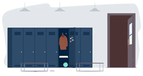 Okul Soyunma Odası Dolaplar Banklar Açık Kapılar Çocukların Giysilerini Değiştirme — Stok Vektör