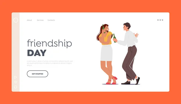 Modelo Página Desembarque Dia Amizade Pessoas Felizes Bebem Festa Trabalhadores — Vetor de Stock