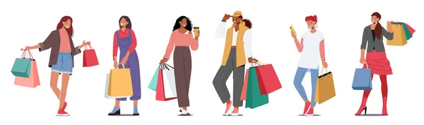 Junge Frauen Mit Bunten Einkaufstaschen Stilvolle Weibliche Charaktere Die Spaß — Stockvektor