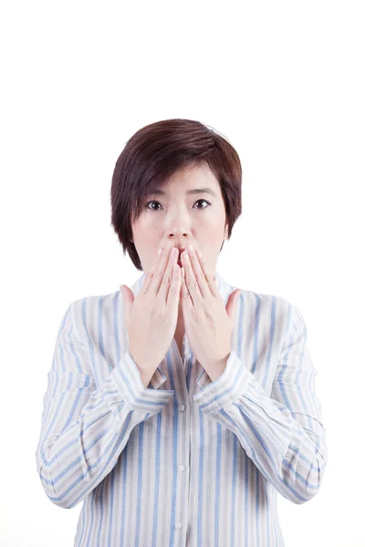 Asian woman frightened with something — Stock Photo, Image