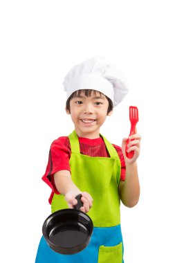 pan ve beyaz backgro izole Kepçe Asya aşçı şirin çocuk